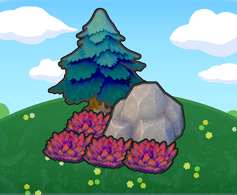 �rbol picudo con roca y herbazal